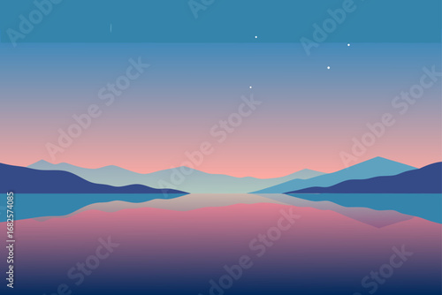 Serene mountain range reflected in calm water at twilight with a gradient sky and distant stars
