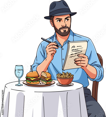 stylish man writing notes, enjoying lunch break a pensive moment of creative inspiration, isolated on transparent background