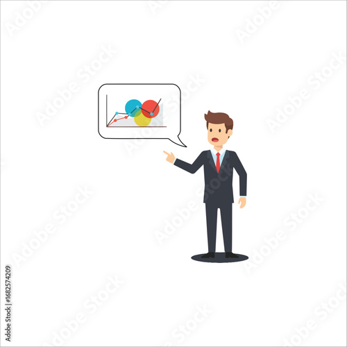 Businessman pointing at a problematic graph in a speech bubble.