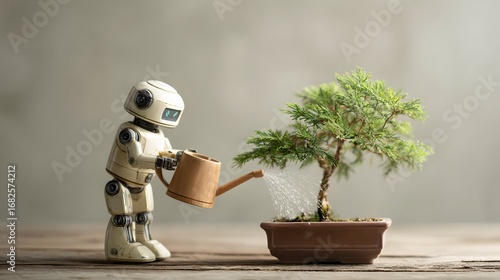 Robot assistant carefully watering bonsai tree on wooden table.