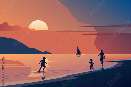 Family enjoys a serene sunset walk on the beach with a sailboat in the distance