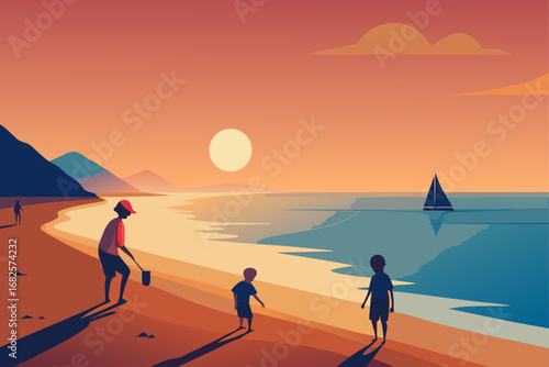 Family enjoying a serene beach sunset with a sailboat on the horizon and mountains in the distance