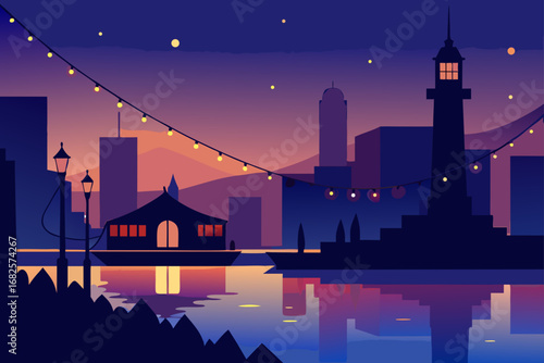 Vibrant cityscape with a lighthouse and illuminated string lights reflected on the water at dusk