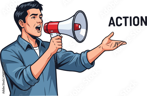 urgent announcement man with megaphone, announcing action, motivational call to action, isolated on transparent background