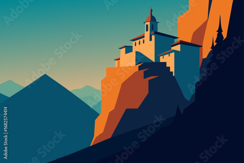 Stylized illustration of a fortified village perched on a dramatic cliffside overlooking a mountain range at sunset