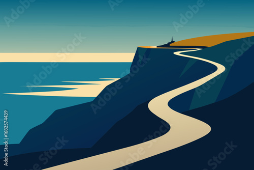 Stylized winding road along a dramatic coastal cliff overlooking the ocean with a distant lighthouse