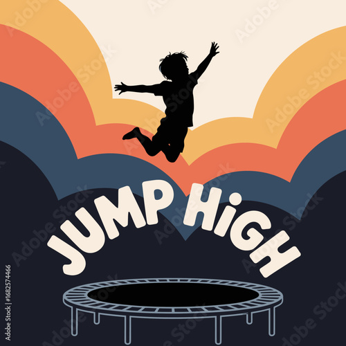 Silhouette of a child joyfully jumping high on a trampoline against a backdrop of colorful retro wavy stripes and the text jump high