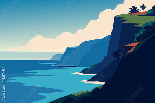 Stylized illustration of a dramatic coastal landscape with towering blue cliffs turquoise ocean and scattered palm trees under a cloudy sky