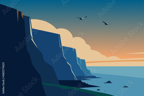 Stylized illustration of dramatic blue cliffs meeting the calm ocean under a gradient sky with clouds and soaring birds at sunset