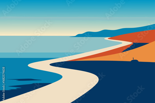 Stylized illustration of a winding coastal road leading along the ocean with colorful hills and a clear sky