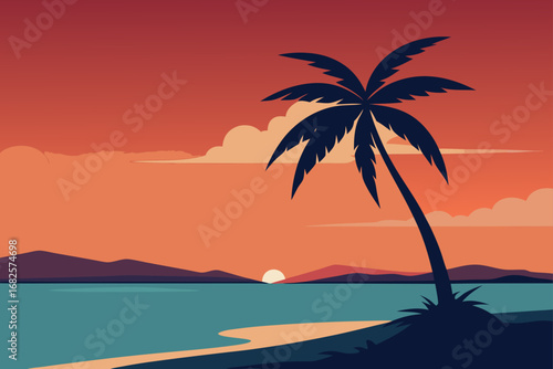 Stylized tropical beach sunset with palm tree silhouette and calm ocean waters