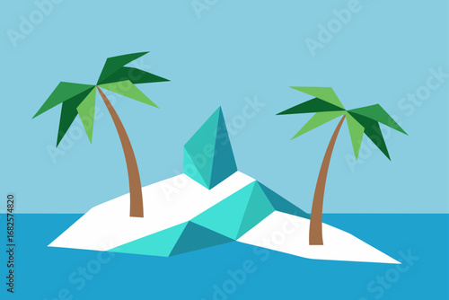 Geometric illustration of a tropical island with two palm trees and a crystal mountain in the ocean