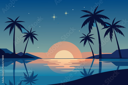 Serene tropical beach at dusk with silhouetted palm trees and a vibrant sunset reflected on the calm ocean water