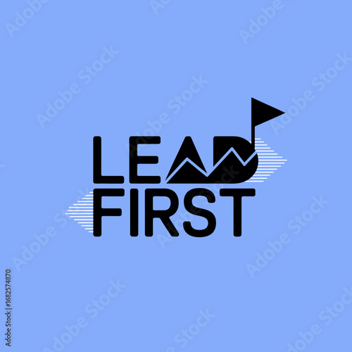 Lead first text with a mountain peak and flag graphic symbolizing achievement success and reaching goals on a blue background