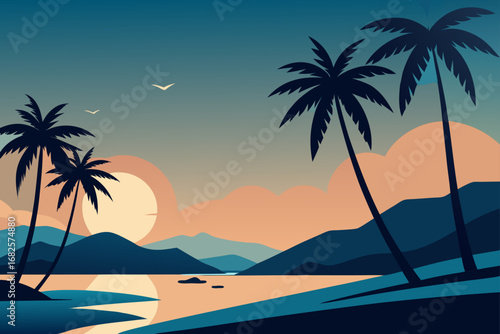 Serene tropical island landscape with silhouetted palm trees against a colorful sunset sky and calm ocean water