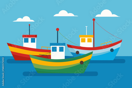 Three colorful fishing boats floating on the blue ocean under a clear sky with white clouds