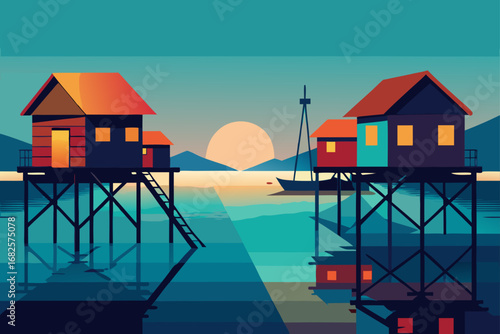 Stylized illustration of stilt houses on the water at sunset with a sailboat in the distance