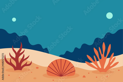 Stylized underwater scene with coral a shell and distant moons in a calm blue ocean