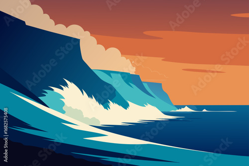 Stylized illustration of a powerful ocean wave crashing against dramatic cliffs under a warm sunset sky