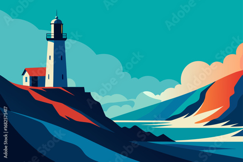 Stylized illustration of a white lighthouse on a rocky cliff overlooking a serene bay with colorful mountains and clouds