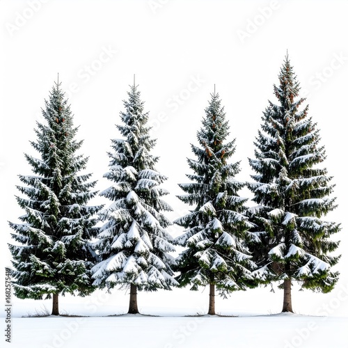 Four evergreen trees stand in a row, lightly dusted with snow, against a bright white background, creating a crisp, wintery scene