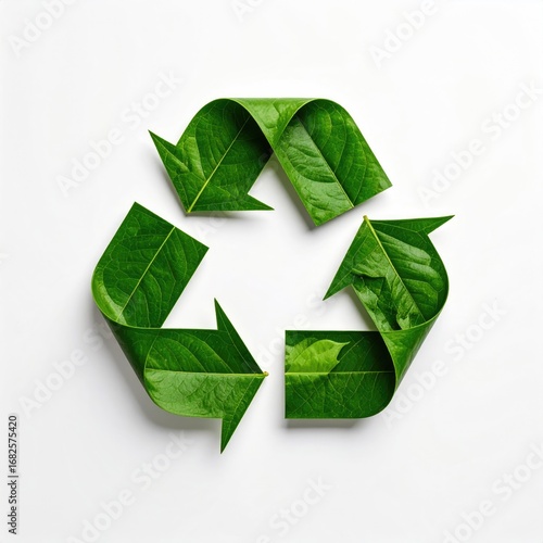 A recycling symbol formed from bright green leaves, isolated on a clean white surface, viewed from above, suggesting nature and environmental consciousness