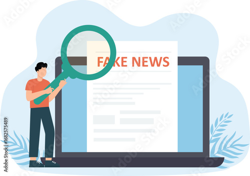 Young man animation wearing face mask while using a magnifying glass to checking fake news on the laptop screen concept
