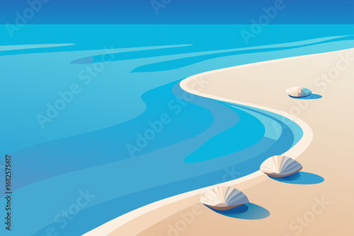 Stylized illustration of a serene sandy beach with gentle blue waves and scattered seashells under a clear blue sky