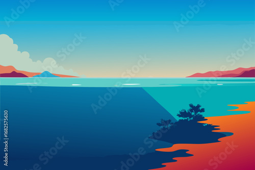 Stylized flat design of a serene ocean landscape with colorful mountains and a sandy beach