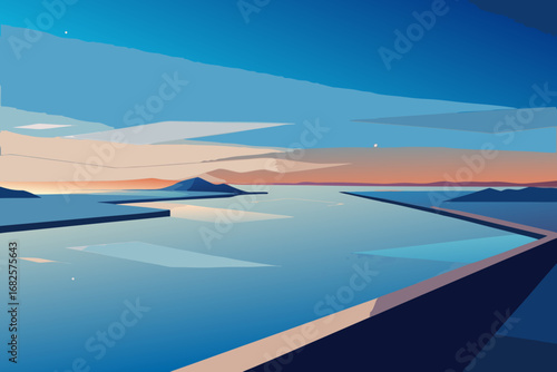 Serene minimalist landscape with calm blue water distant mountains and a soft pastel sky at dawn or dusk