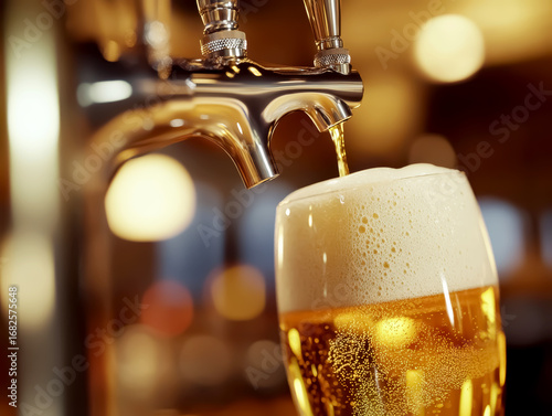 A local brewery crafts small-batch beers with unique flavors, A beer being poured from a tap into a glass with frothy bubbles and a blurred background.