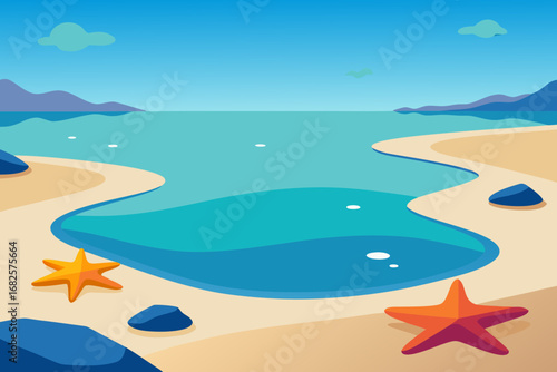 Stylized beach scene with calm turquoise water sandy shore distant mountains and colorful starfish