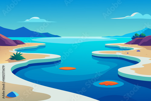 Vibrant flat illustration of a serene coastal landscape with calm blue water and sandy shores