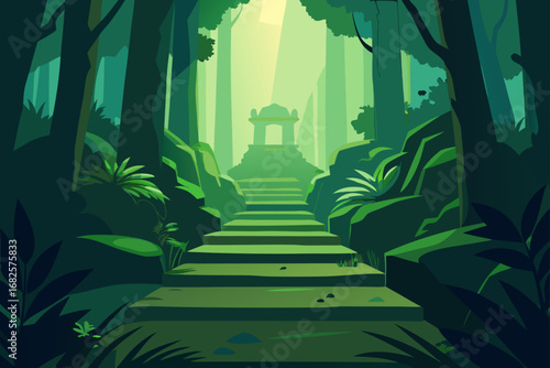 Ancient stone staircase leading through a lush green jungle to a hidden temple bathed in golden sunlight
