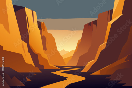 Stylized illustration of a winding river flowing through a canyon at sunset with warm golden light illuminating the rock formations