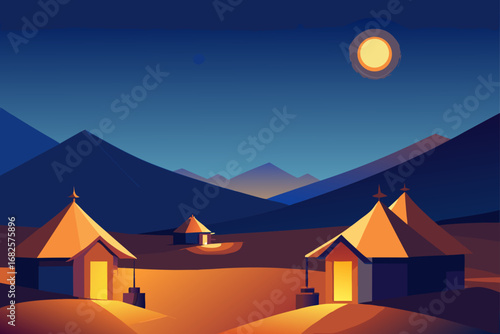 Stylized flat design landscape with glowing tents and mountains under a twilight sky with a large moon