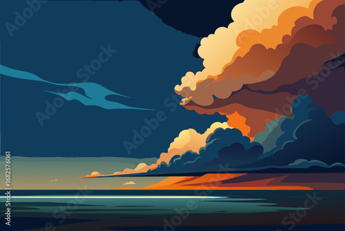 Dramatic sunset sky with vibrant orange and yellow clouds over a calm ocean horizon
