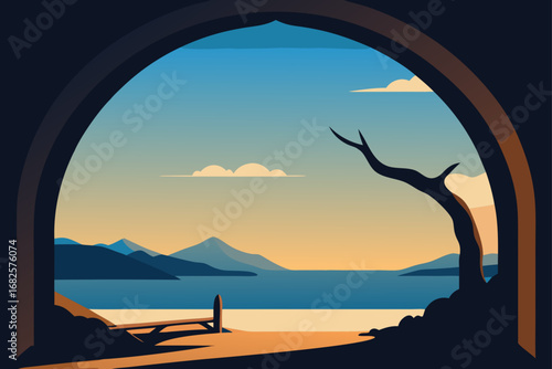 Tranquil landscape view through an archway with a serene lake and distant mountains at sunset