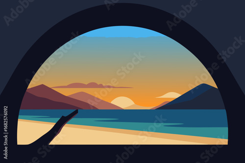 Serene coastal view through an archway at sunset with mountains and calm ocean waters