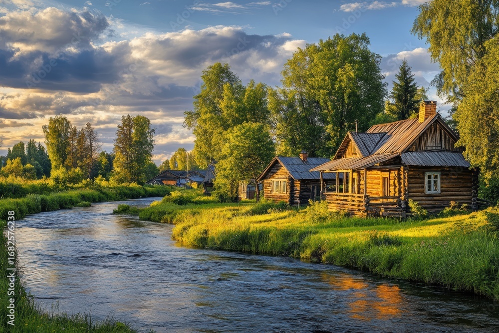 Fototapeta premium Cottages by river in bright summer light 