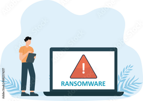 Businessman animation feeling confused while looking at hacked account bank online on the computer
