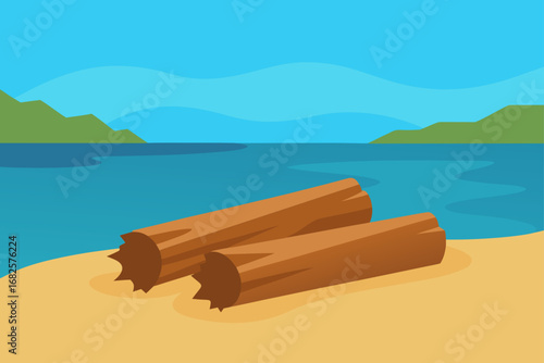 Two logs resting on a sandy beach with a calm blue lake and green hills in the background