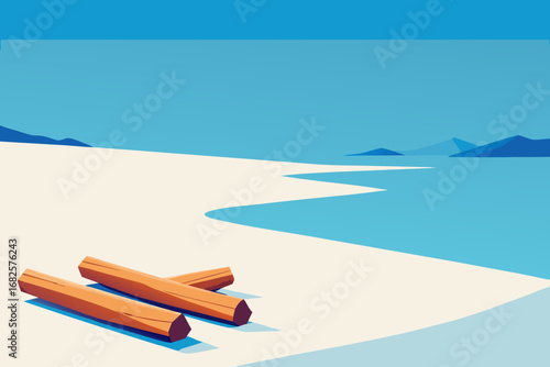 Stylized illustration of driftwood logs resting on a sandy beach beside calm blue ocean water and distant mountains under a clear sky