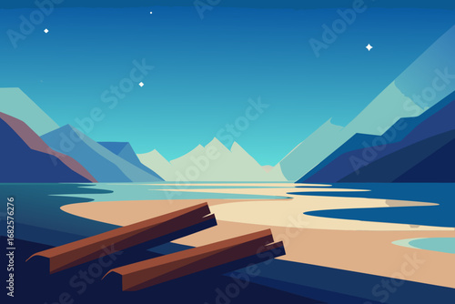 Serene minimalist landscape featuring a calm body of water sandy shore and geometric mountains under a starry blue sky