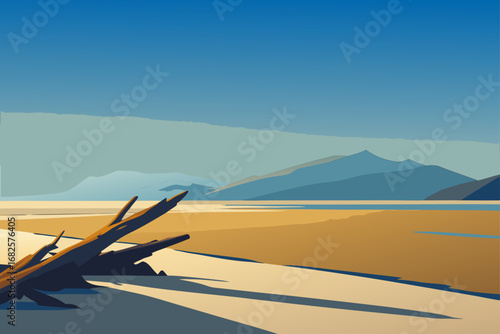 Stylized landscape featuring driftwood in the foreground with a serene lake and layered mountains under a clear blue sky