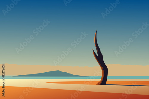 Minimalist landscape with a solitary dead tree on a sandy beach overlooking the ocean and distant island at sunset