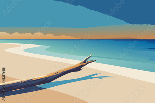 Stylized illustration of a serene beach scene with calm ocean waves a sandy shore and a piece of driftwood casting a shadow under a colorful sky
