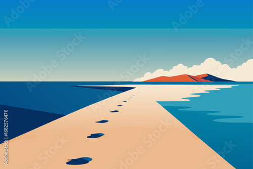 Footprints on a sandy path leading towards a distant island with blue ocean and sky