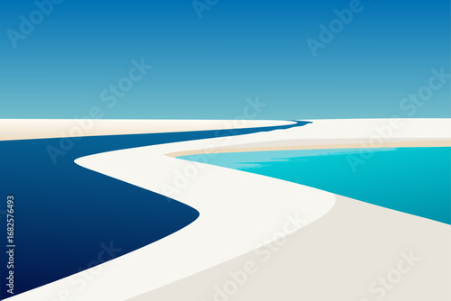Abstract landscape with winding river and sandy dunes under a clear blue sky