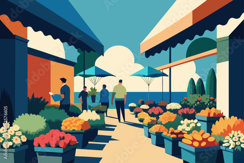 Stylized illustration of people browsing a vibrant outdoor flower market with colorful blooms and awnings on a sunny day